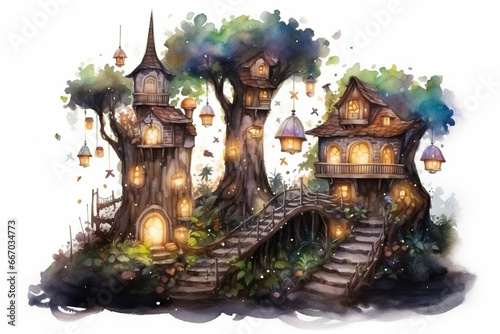 Enchanted treehouse village in a mystical forest, with fireflies and glowing lanterns, watercolor style, white background