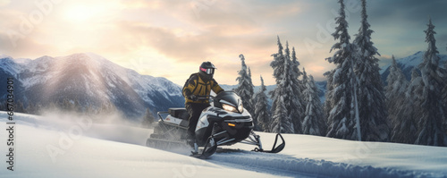 Man rides a snowmobile in the snowy mountains. Outdoor winter recreational lifestyle adventure and sport activity. © Jasmina