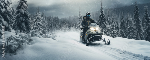 Man rides a snowmobile in the snowy mountains. Outdoor winter recreational lifestyle adventure and sport activity.