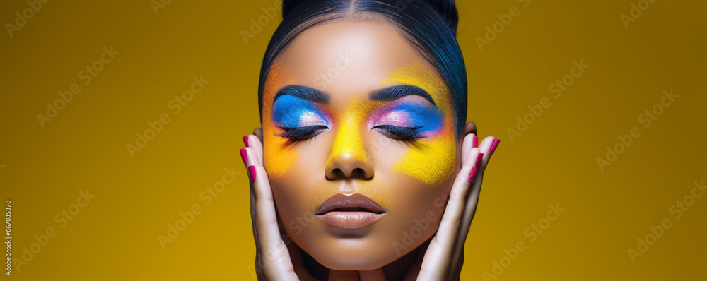 Radiating self-love: Young woman with colourful makeup embraces her face in a studio