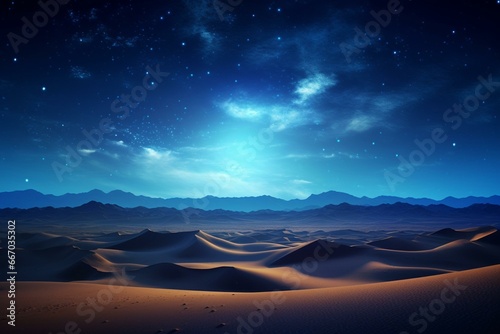A beautiful desert landscape with rolling sand dunes and a stunning starry sky at dawn. Generative AI