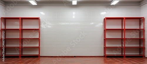 Basement storage room with empty shelves red floor and square lights on a white ceiling photo