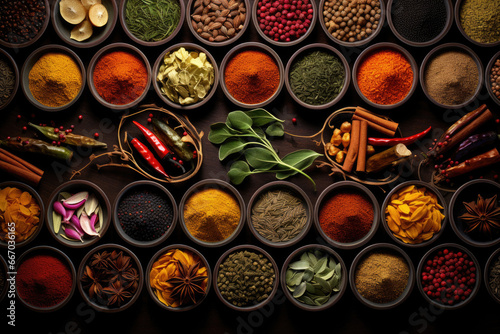 many different types of spices in various bowls