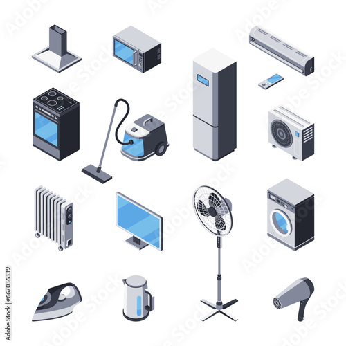Vector clipart of household appliances, electronics. Isometric 3D icons. Kitchen stove, hood, microwave, fridge, air conditioner, vacuum cleaner, heater, TV, washing machine, iron, electric ket, fan.