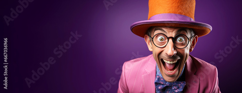 surprised happy funny man freak in a suit and hat with an open mouth on an bright background with a space copy