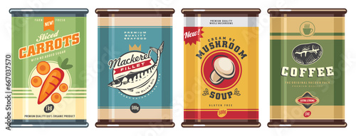 Retro set of canned food, creative artistic concept. Design template or advertisement for grocery store with various cans. Vector coffee, mushroom soup, sliced carrots and mackerel packages design.