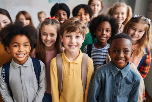 Happy multi-ethnic junior school students standing in classroom, smiling and posing for group portrait together