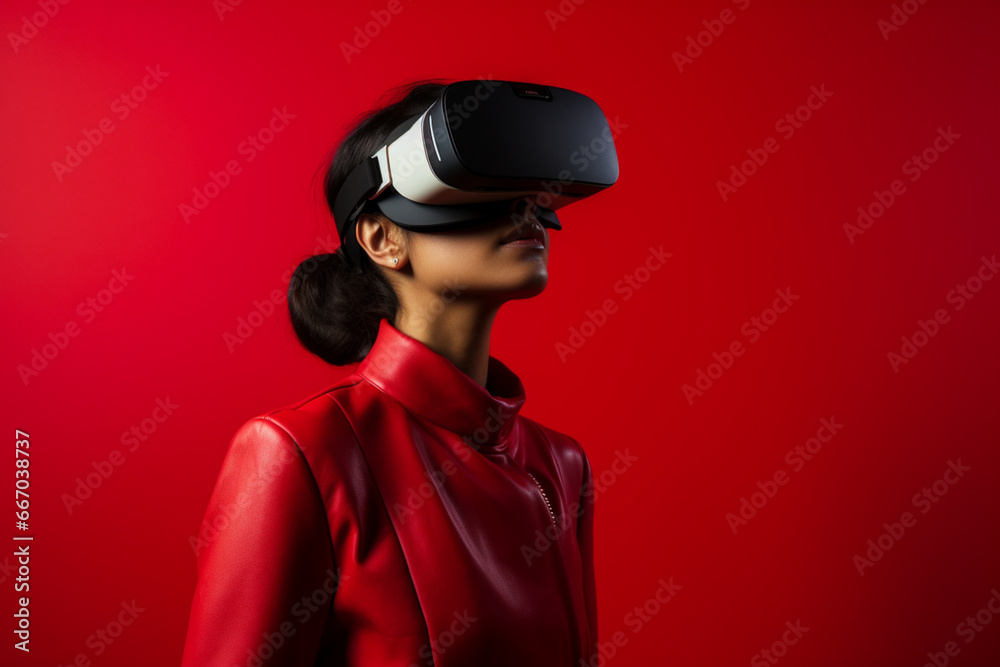 Portrait of Young woman using vr glasses on red background, Latin american woman wearing virtual reality simulator headset on studio background Portrait of Young woman using vr glasses on red background, Latin american woman wearing virtual reality simulator headset on studio background