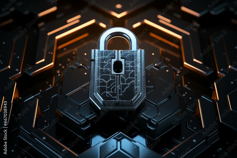 Futuristic, metallic hexagon padlock with integrated lighting on a black canvas Futuristic, metallic hexagon padlock with integrated lighting on a black canvas