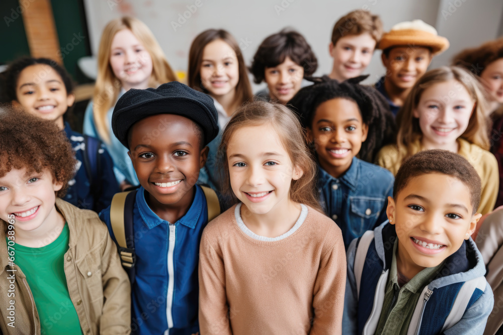 Happy multi-ethnic junior school students standing in classroom, smiling and posing for group portrait together Happy multi-ethnic junior school students standing in classroom, smiling and posing for group portrait together