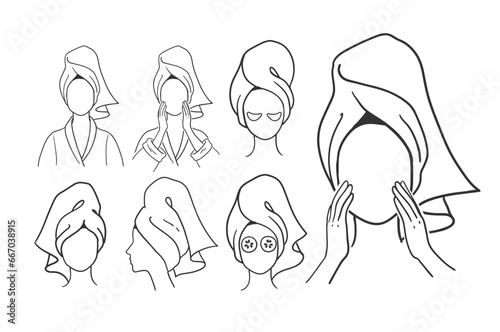 Vector line art illustration set of female faceless portraits heads with hair towel