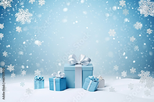 New Year's blue gift boxes with silver ribbons on a snowy background. Free space for product placement or advertising text. © OleksandrZastrozhnov