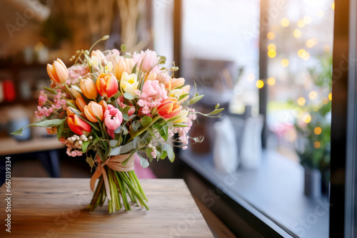 A vibrant bouquet of fresh flowers in a florist shop, showcasing their beauty and the variety of colors, making them a perfect gift. © EdNurg