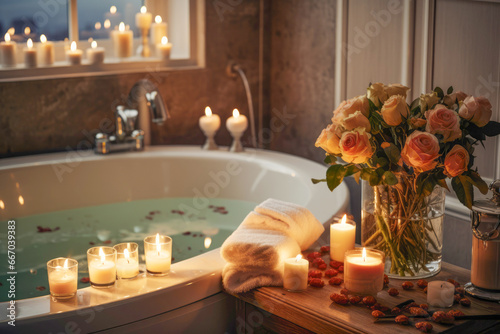 In a hotel bathroom, the presence of a bathtub, candles, and soft lighting fosters a sense of luxury, relaxation, and personal care, promoting wellness and hygiene in a serene setting.
