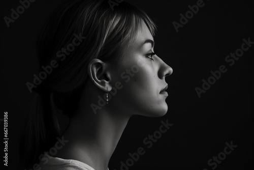 Portrait of young woman in profile close up, Black and white, Low key