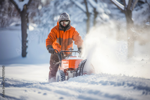 A snowblower in action: A man working to clear a snowy area in cold winter weather. photo