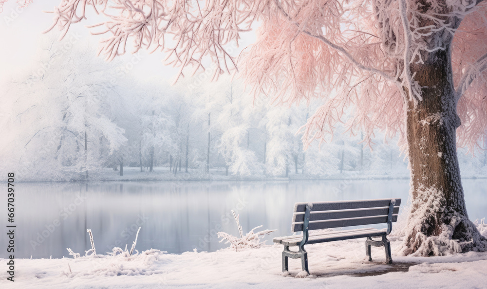 A serene Christmas morning in the park, where a snow-covered bench by the lake invites contemplation and meditation amid the frozen, wonderland-like forest.