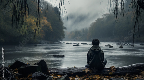 boy sitting near a river on a gloomy day