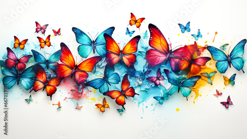 Many different colorful butterflies on abstract watercolor background with place for your text. Generative AI technology.