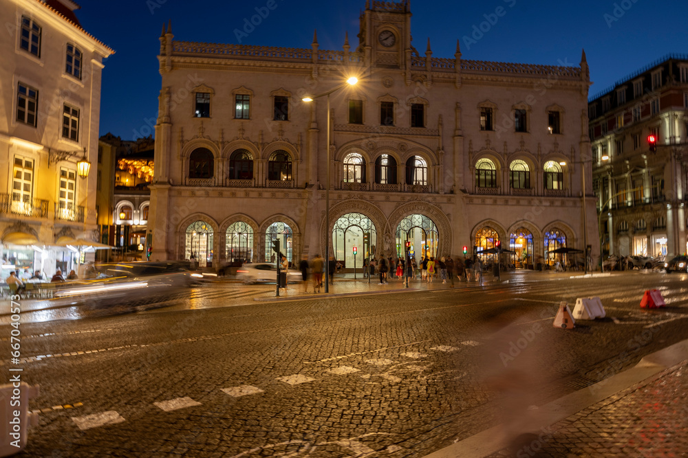 Night view of the Rossio train station (Long Exposure), City of Lisbon, Portugal