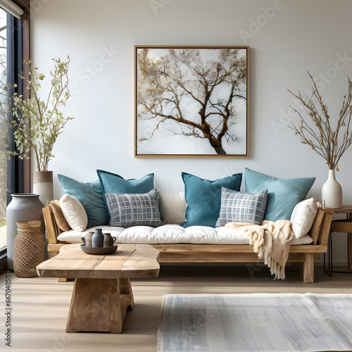 Rustic sofa with white and blue pillows against wall with big blank mock up poster frame. Scandinavian home interior design of modern living room photo