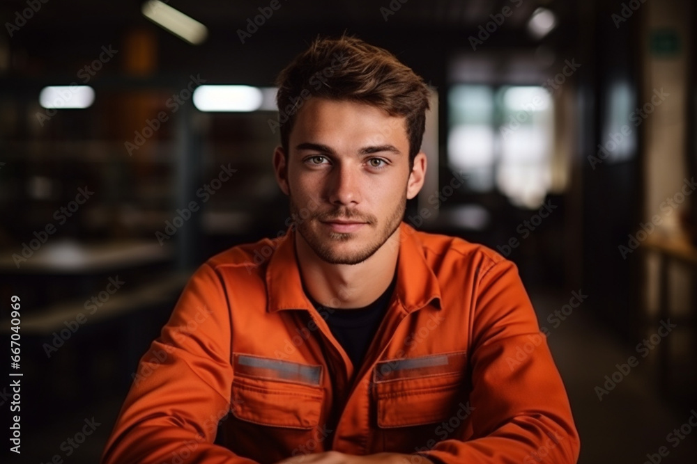 Portrait of Young male worker in an overall uniform posing at his workplace Portrait of Young male worker in an overall uniform posing at his workplace