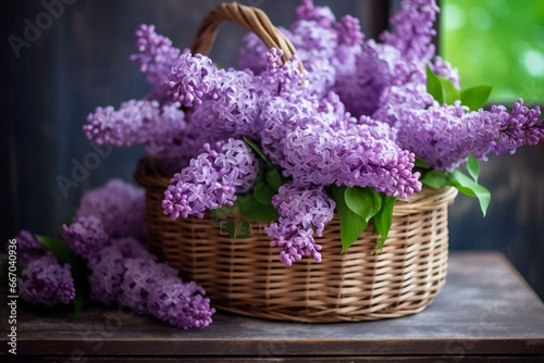 Lovely lilac blooms in a basket on a wooden chair. Rustic spring still life against a rural backdrop. Homemade arrangement of purple and white lilacs. Celebration of motherhood. Generative AI
