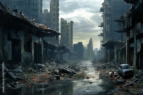 Devastated urban scenery after worldwide conflict. Desolated metropolis depiction. Generative AI