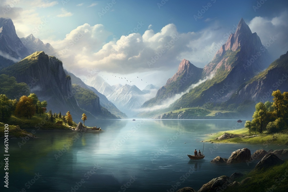 Scenic river with fishing boats amid mountains. Generative AI