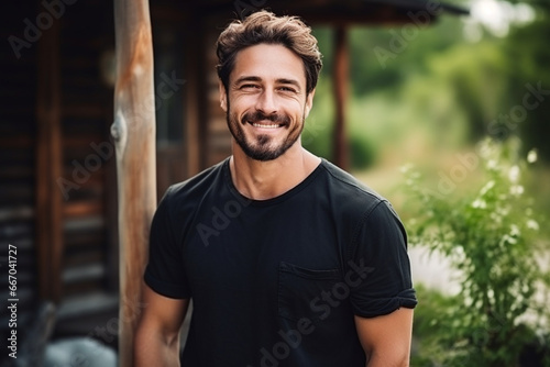 Portrait of young handsome man with beard and glasses, Young man in black shirt smiling looking at camera, Outdoor nature background