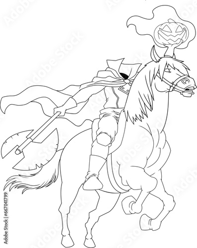 Outlined Headless Horseman Cartoon Character Running Axe And Jack's Lantern Pumpkin Head. Vector Hand Drawn Illustration Isolated On Transparent Background