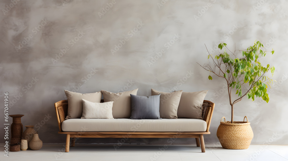 Rustic wooden sofa with grey pillows, side table and wicker basket against stucco wall. Scandinavian interior design of modern living room Rustic wooden sofa with grey pillows, side table and wicker basket against stucco wall. Scandinavian interior design of modern living room