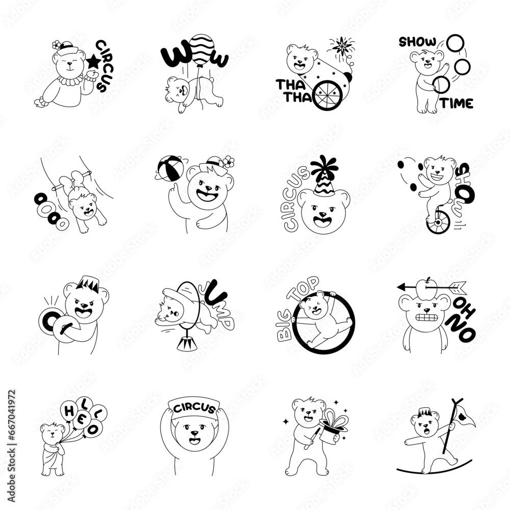 Set of Circus Bear Doodle Stickers 

