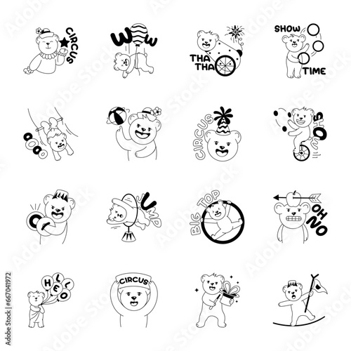 Set of Circus Bear Doodle Stickers   