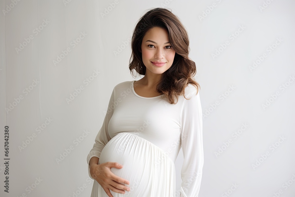 A happy, expectant mother lovingly holds her pregnant belly, radiating the beauty and anticipation of motherhood.