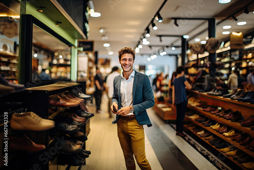 A confident businessman in a modern city market, shopping shoes with a focus on quality.