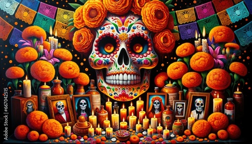 Oil painting of a Mexican Day of the Dead altar