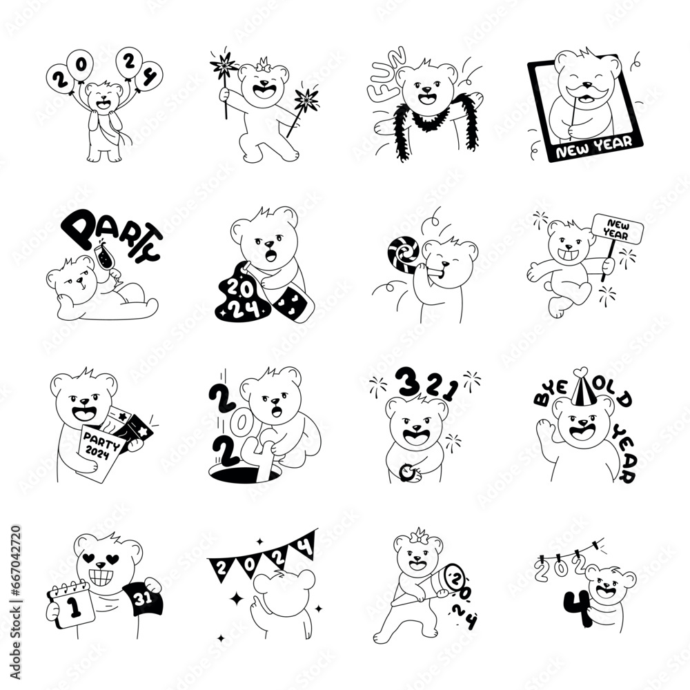 Set of New Year Preparation Doodle Stickers 

