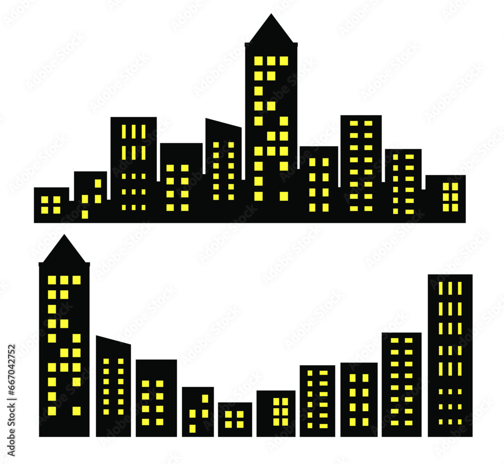 Landscape set of buildings silhouetted on white background