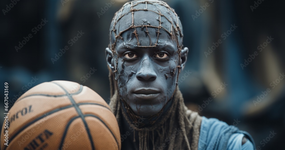 High art illustration of a male basketball player. Man with basketball