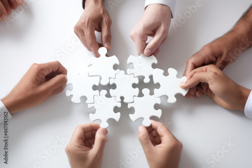 Business hands, puzzle and group of people for solution, teamwork and goals, integration and success. Team building, synergy and collaboration