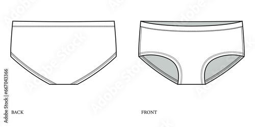 Seamless Boybrief Undie technical fashion illustration. brief fashion flat technical drawing template. Elasticated waistband, women's Underwear. front, and back view. white. CAD mockup set