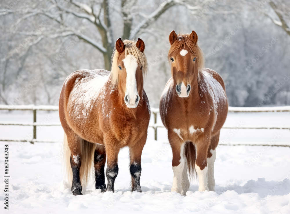Two clover horse in snow in the snowy landscape, couple of horses on the road, in a snowy environment. Two clover horse in snow in the snowy landscape, couple of horses on the road, in a snowy environment.