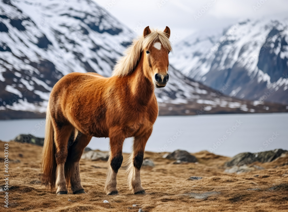 Fjord horse standing on brown grass with snow mountains behind. Fjord horse standing on brown grass with snow mountains behind.