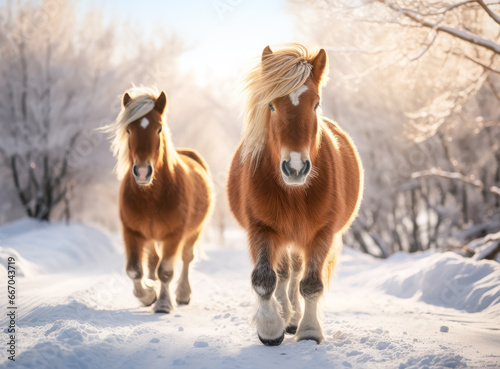 Two clover horse in snow in the snowy landscape, couple of horses on the road, in a snowy environment.