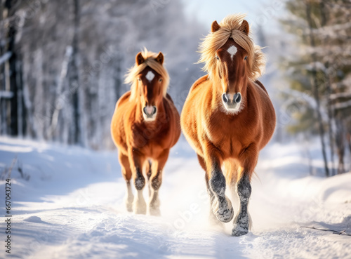 Two clover horse in snow in the snowy landscape  couple of horses on the road  in a snowy environment.