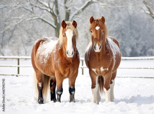 Two clover horse in snow in the snowy landscape, couple of horses on the road, in a snowy environment.