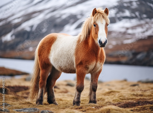 Fjord horse standing on brown grass with snow mountains behind.