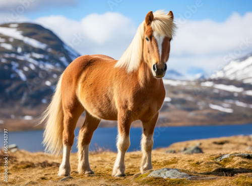Fjord horse standing on brown grass with snow mountains behind. © Saulo Collado