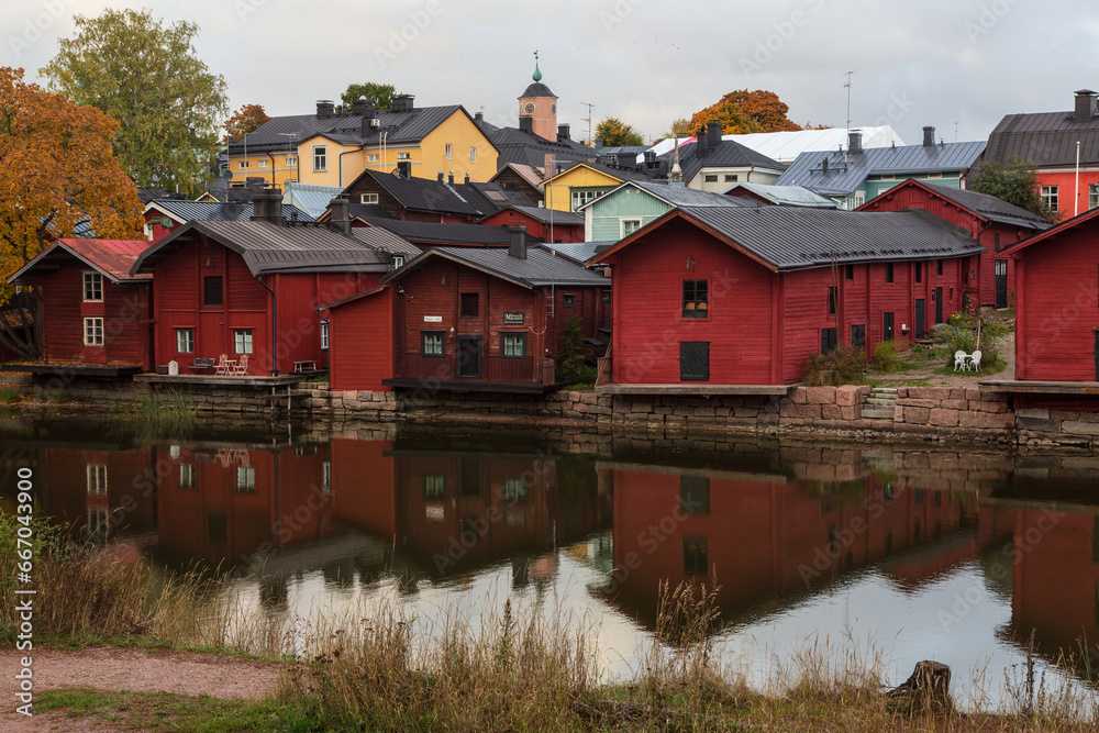 Fototapeta premium Porvoo, Finland. Old wooden red houses in old town of Porvoo